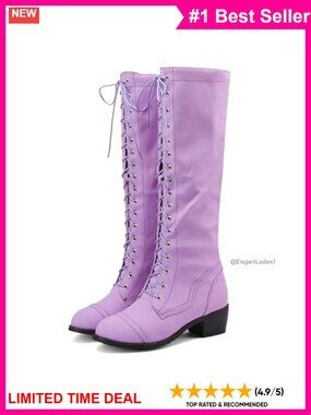 Knee High Combat Boots Lace Up Riding Boots Low Block Heel
